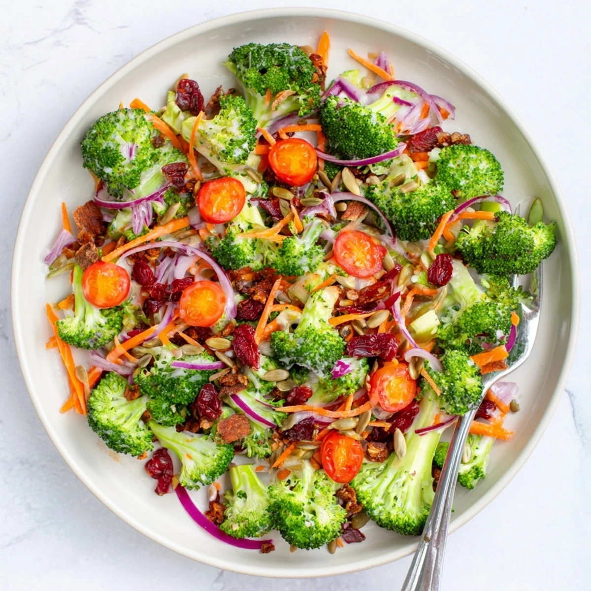 Vibrant broccoli salad featuring crunchy vegetables, sweet cranberries, and nuts atop a white serving platter