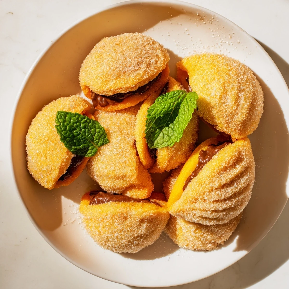 Golden Italian peach cookies filled with chocolate and jam, rolled in sparkling sugar with mint leaves.