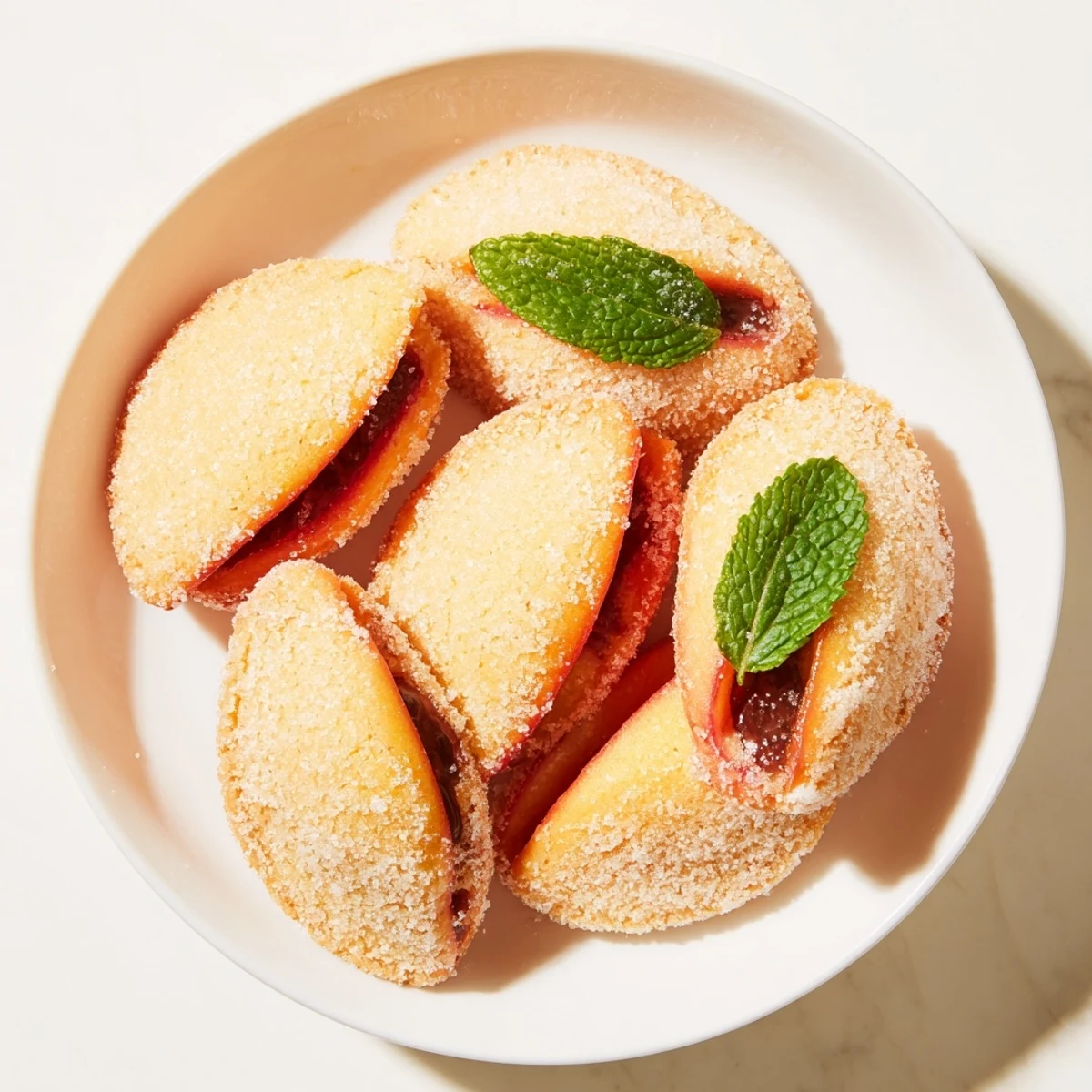 Homemade Italian peach cookies with realistic coloring, chocolate jam center, and sugary coating for dessert.