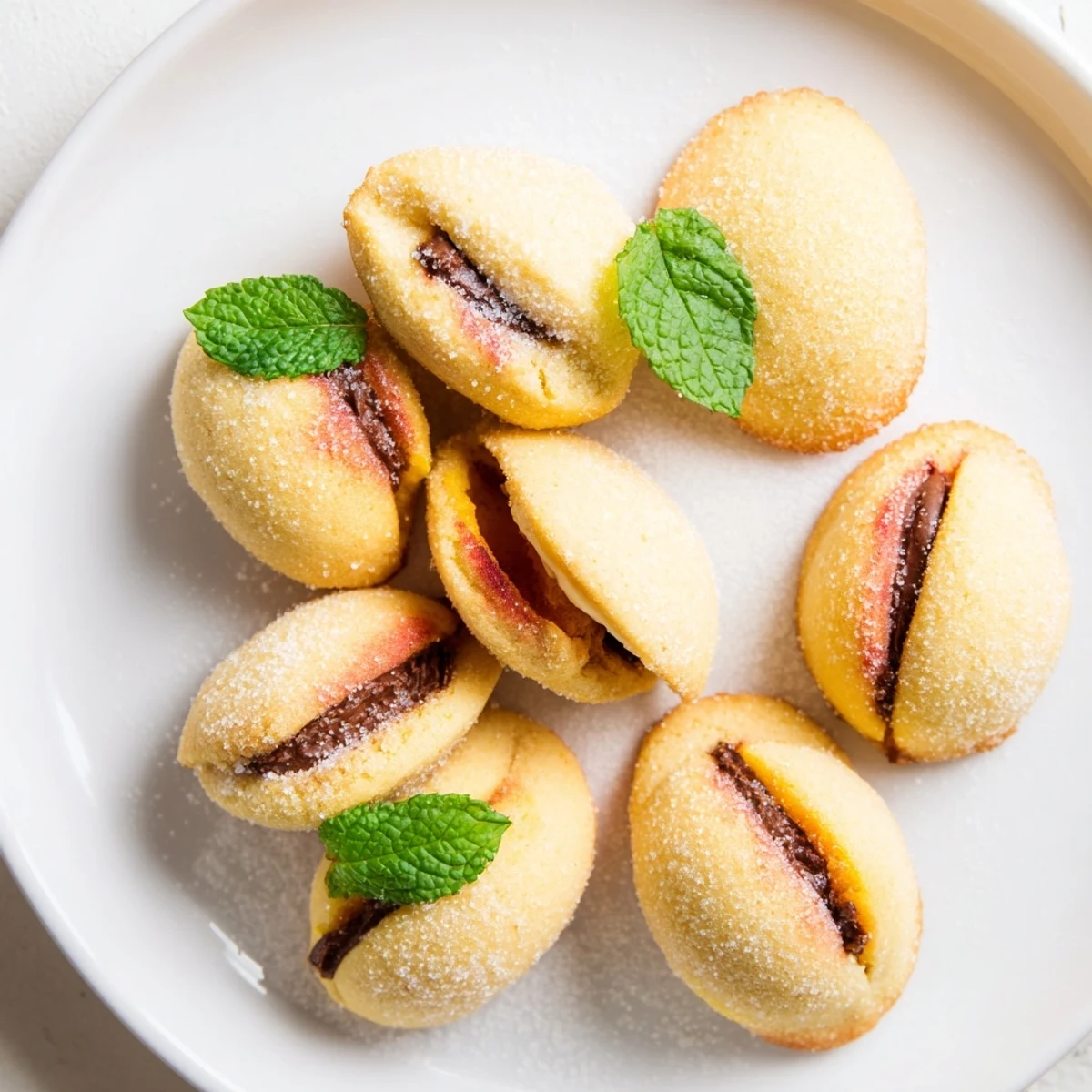 Soft peach-shaped sandwich cookies stuffed with chocolate jam filling, dusted in sugar on a white plate.
