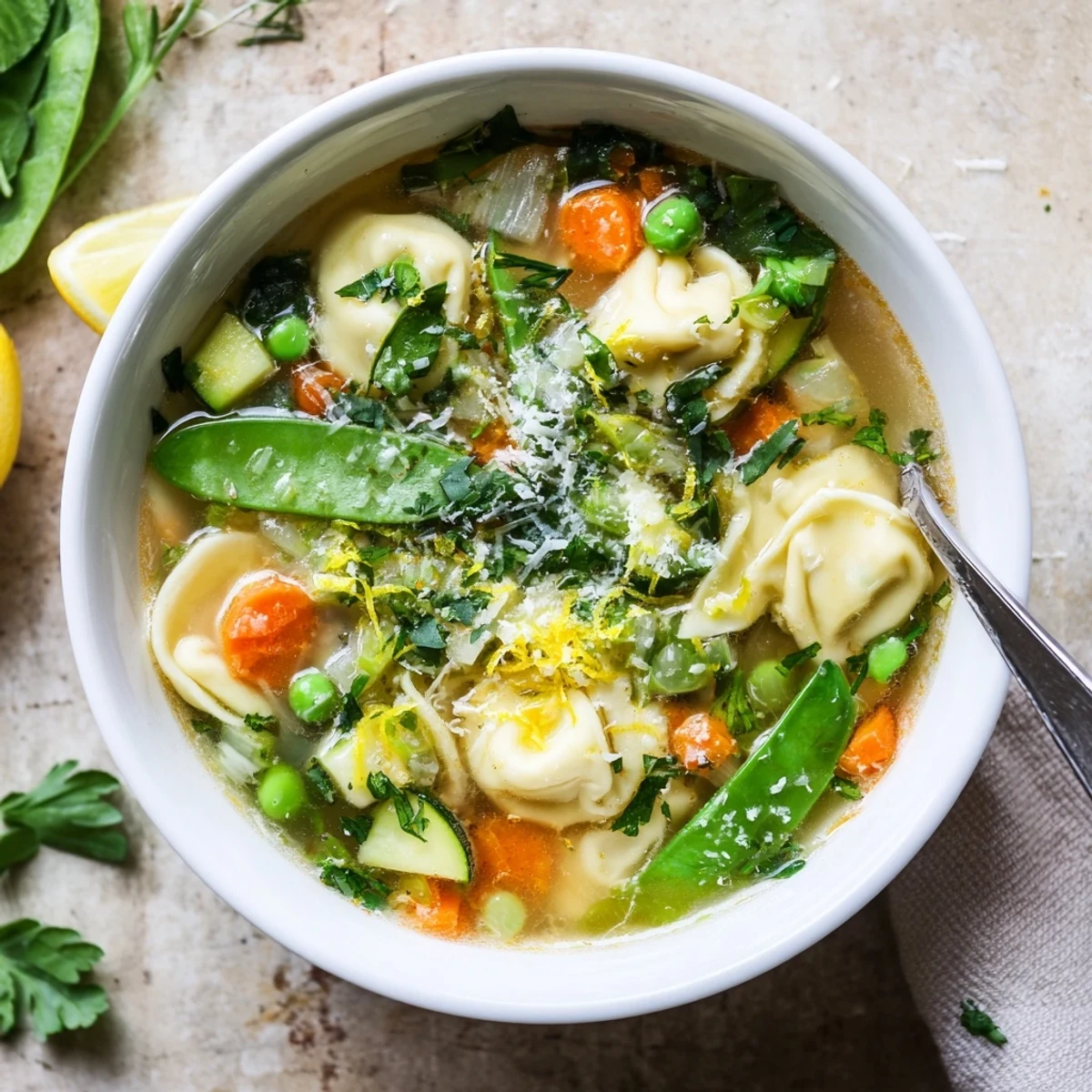 Creamy spring tortellini soup bowl featuring vibrant green vegetables, cheese pasta, and fresh herb garnish