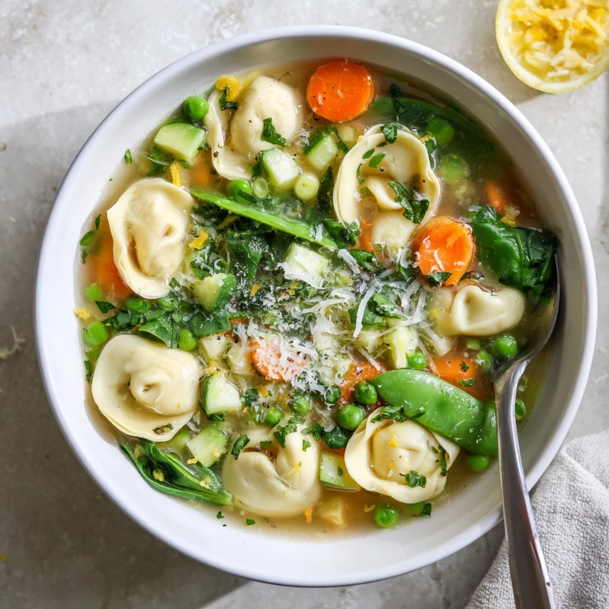 Homemade spring tortellini soup simmering in a white pot with carrots, zucchini, and spinach