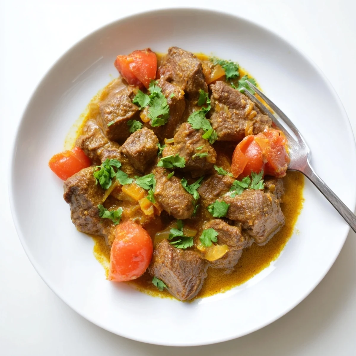 Steam rises from a bowl of rich Indian beef curry served over fluffy white basmati rice