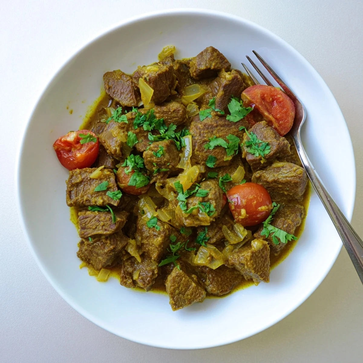 Hearty Indian beef curry featuring succulent meat in a spiced coconut tomato sauce with naan bread