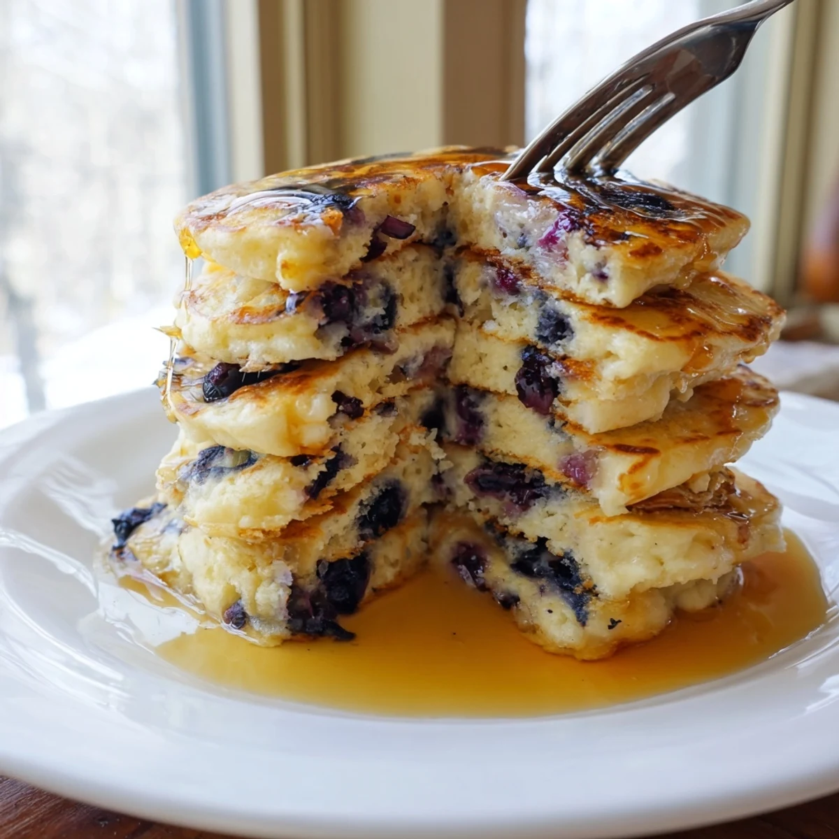 Golden stack of fluffy Greek yogurt blueberry pancakes topped with fresh berries and maple syrup