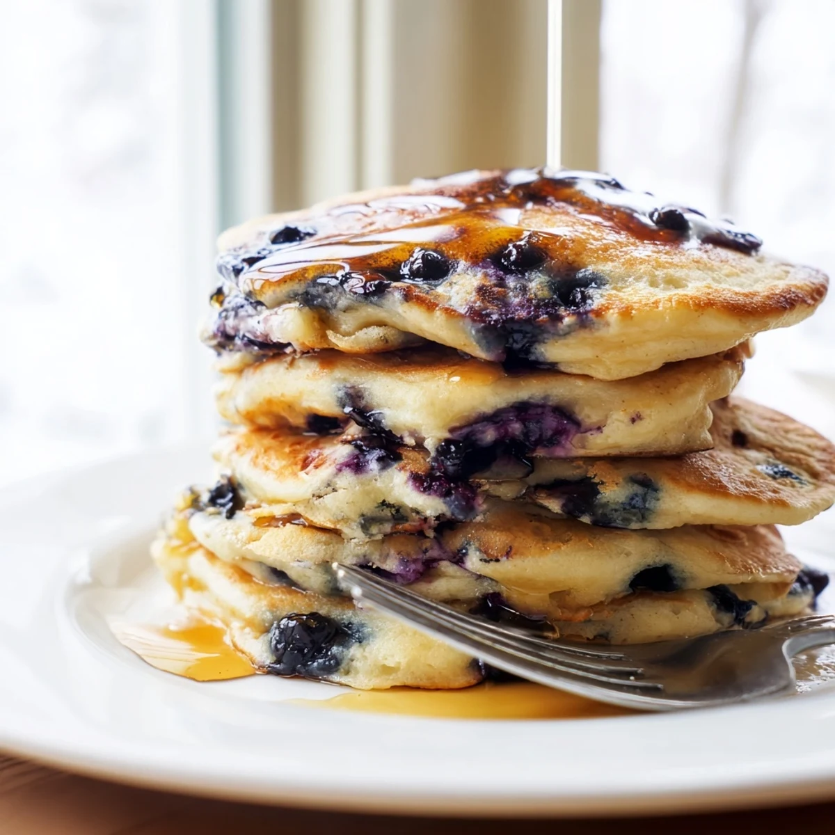 Light and airy homemade Greek yogurt blueberry pancakes cooked to golden perfection on a griddle