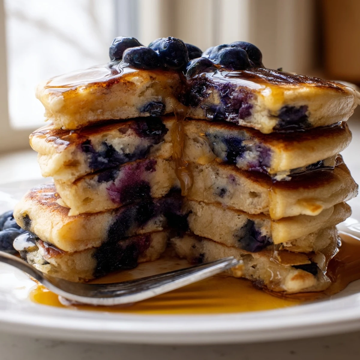 Breakfast plate showcasing fluffy Greek yogurt blueberry pancakes drizzled with sweet maple syrup