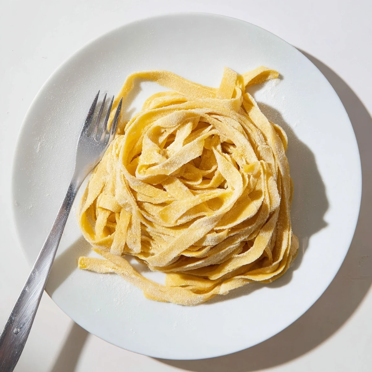 Fresh homemade sourdough pasta noodles dusted with flour on a wooden cutting board