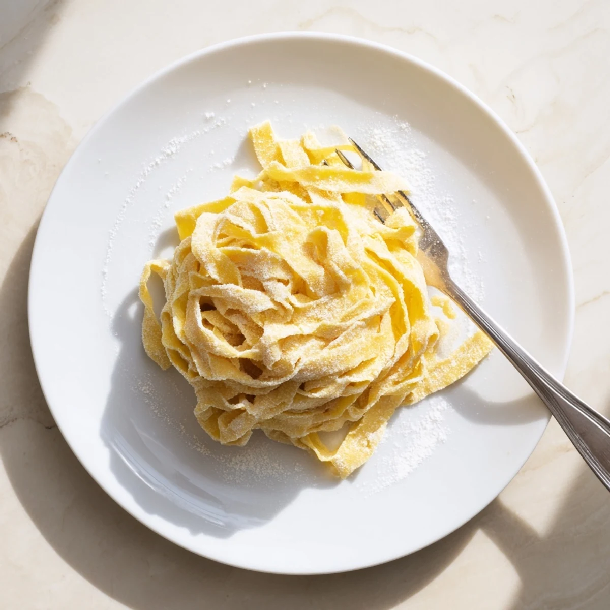 Rustic sourdough pasta being rolled into thin fettuccine strips on a clean work surface