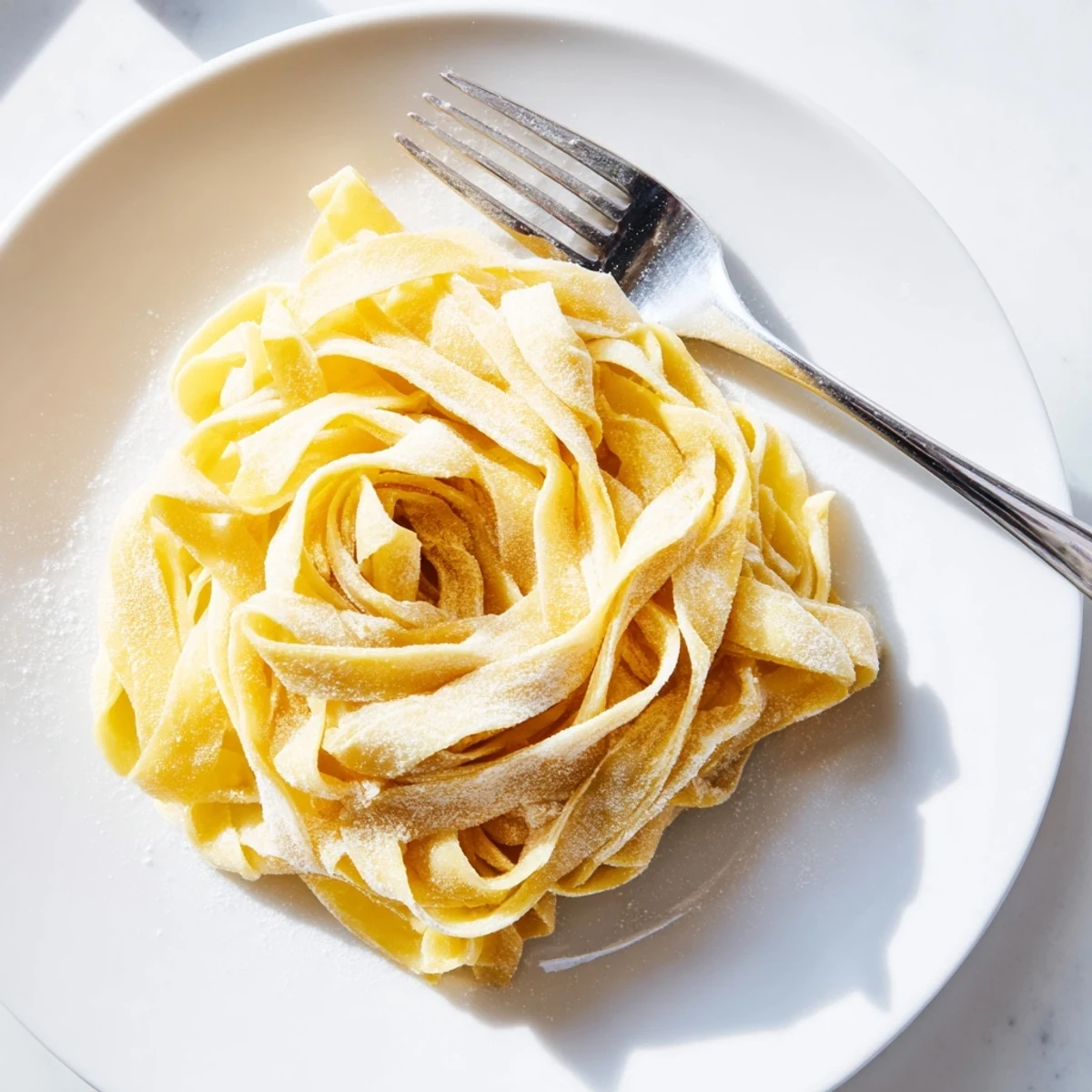 Golden strands of homemade sourdough pasta tossed in a white ceramic bowl ready for serving