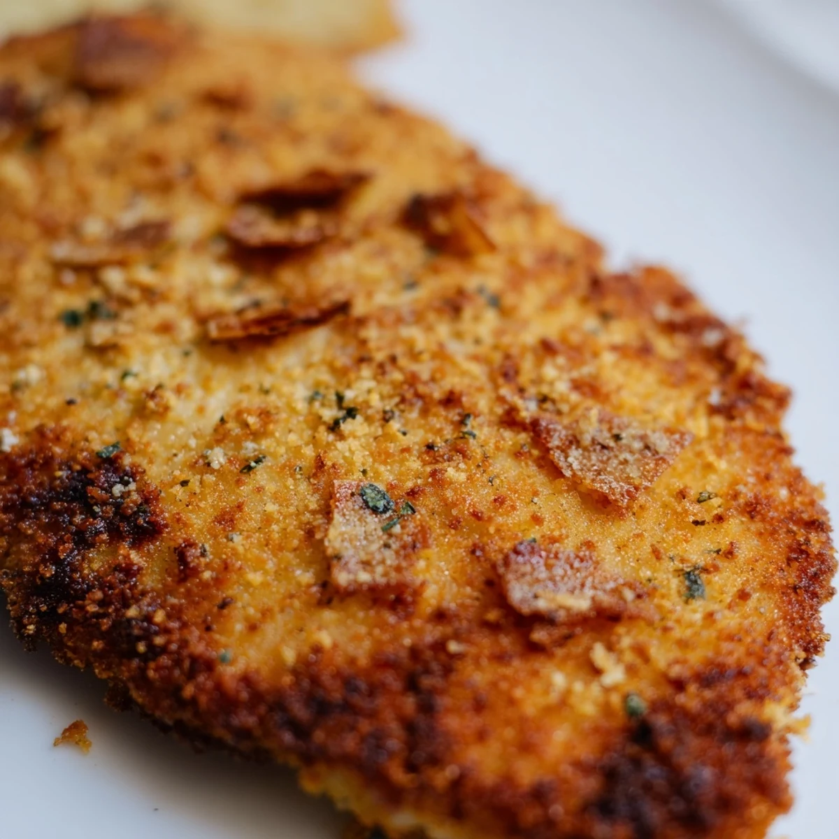 Pan-fried chicken cutlets featuring Italian herbs and golden crust on white plate with garnish