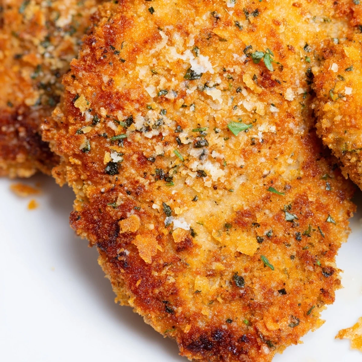 Crispy breaded Italian chicken cutlets arranged on serving platter with lemon slices and parsley
