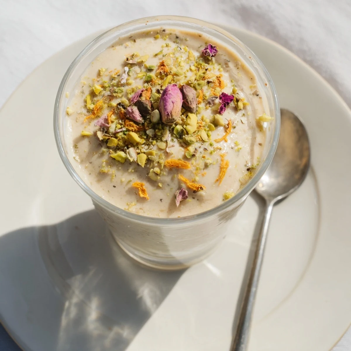 Creamy Lebanese date blossom mousse topped with chopped pistachios and delicate rose petals