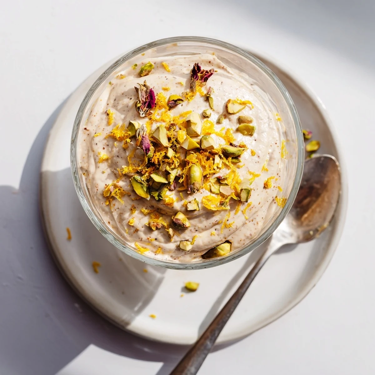 Airy Lebanese date blossom mousse dessert garnished with orange zest in elegant glass