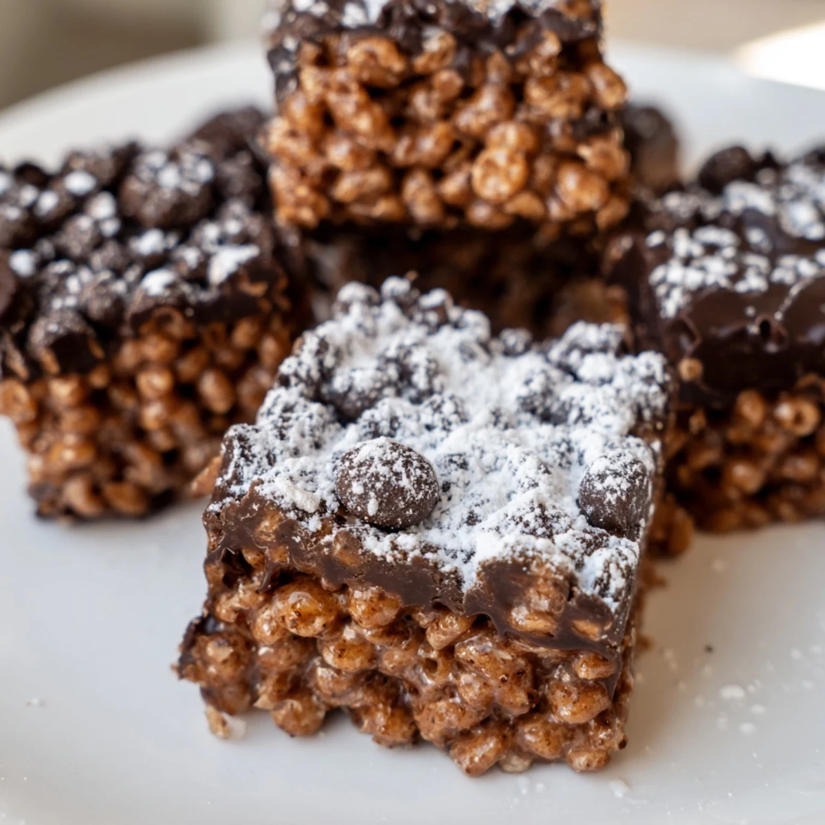 Muddy Buddy Rice Krispies squares coated in white powdered sugar on a decorative serving platter