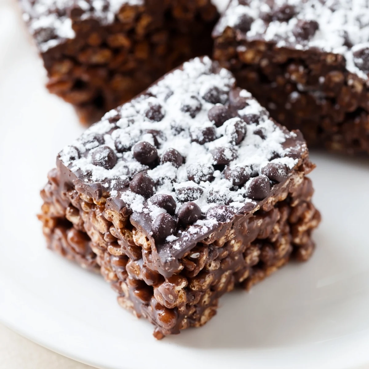 Chocolate peanut butter Muddy Buddy Rice Krispies treats stacked for easy party snacking