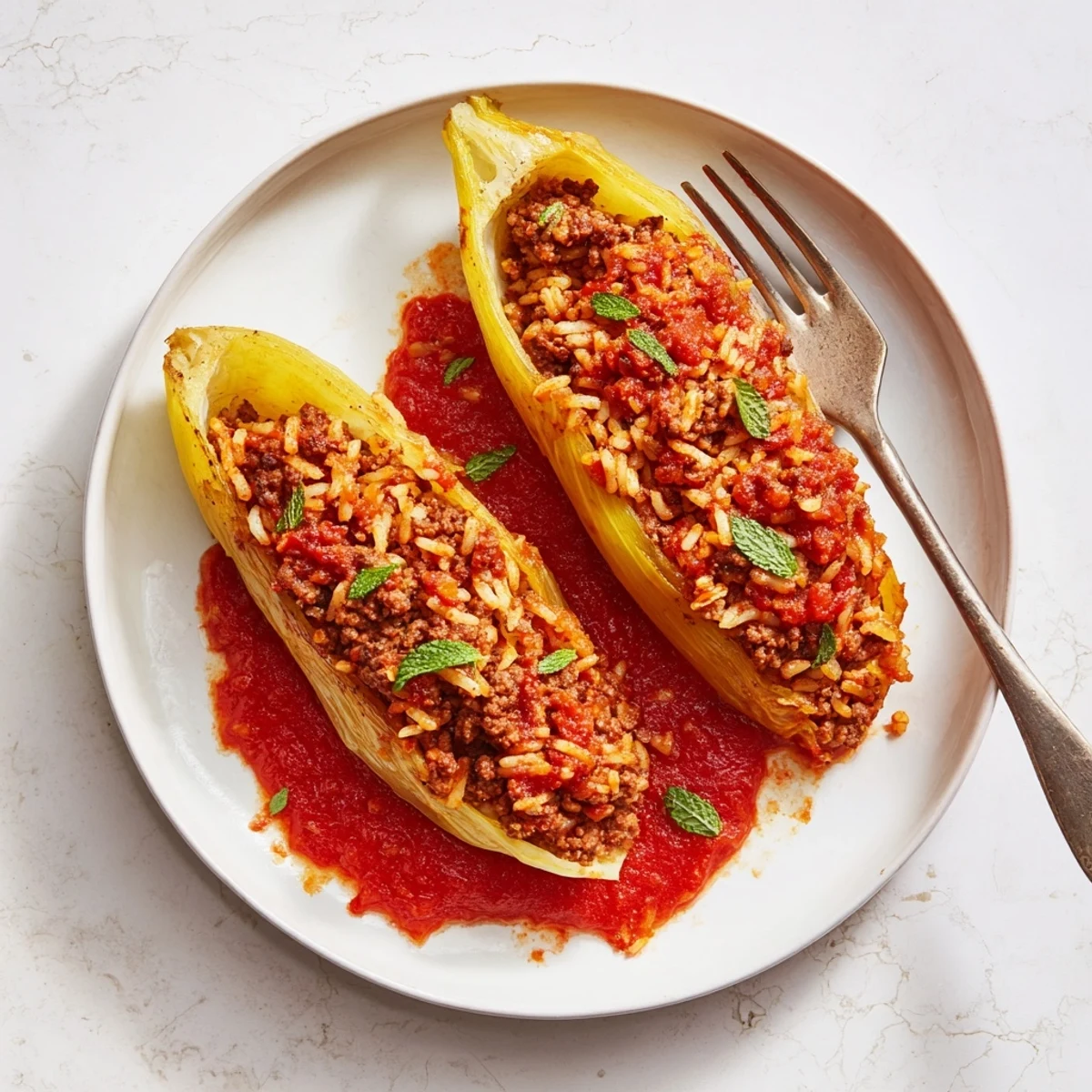 Tender boiled onion wraps stuffed with savory ground beef rice mixture baked until bubbly