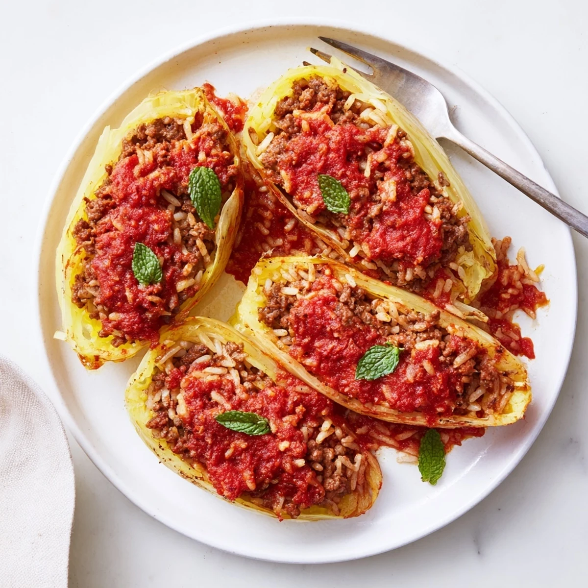 Golden Greek stuffed onions filled with seasoned beef and rice swimming in rich tomato sauce