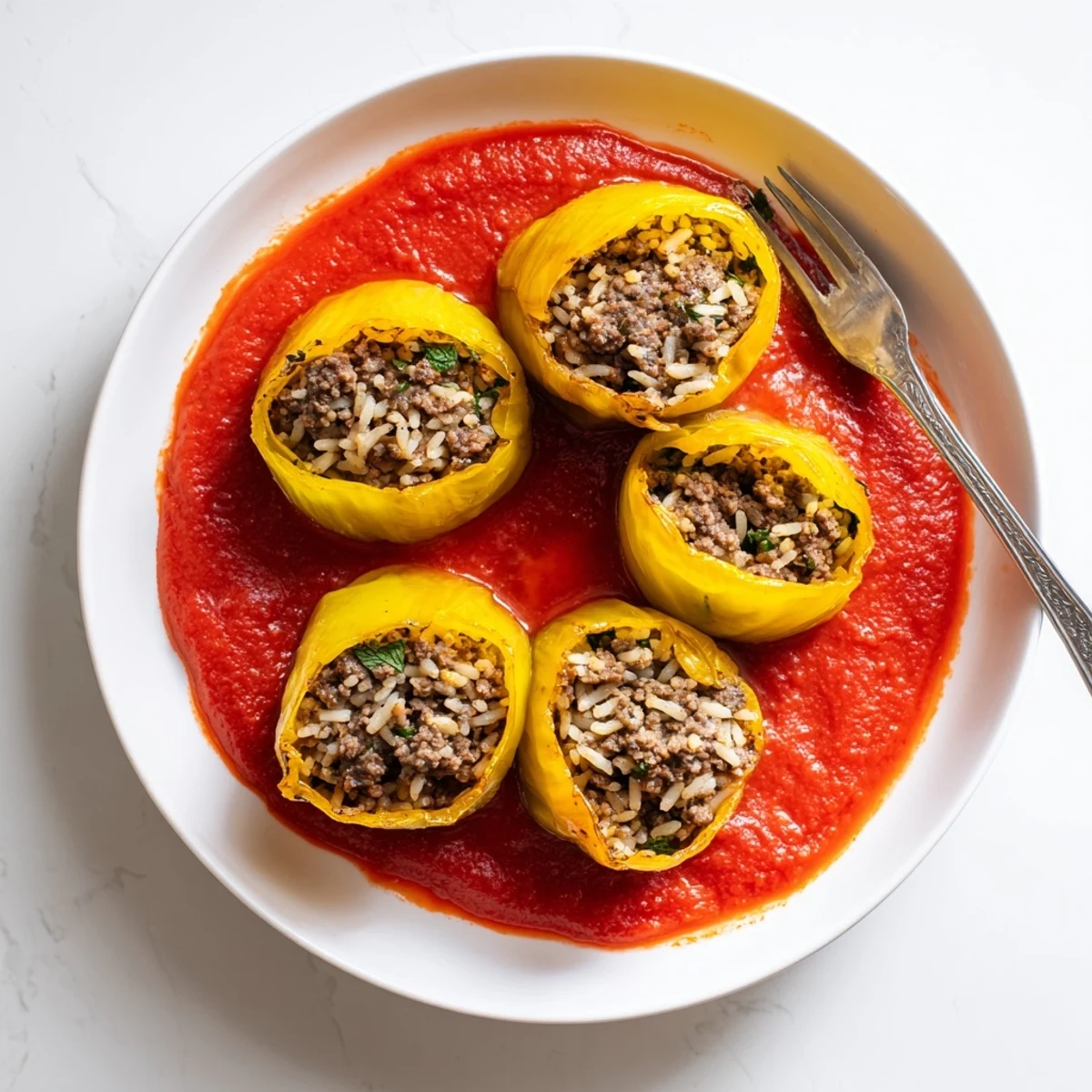 Hearty Greek stuffed onions simmering in thick tomato sauce with fresh herbs and aromatic cinnamon