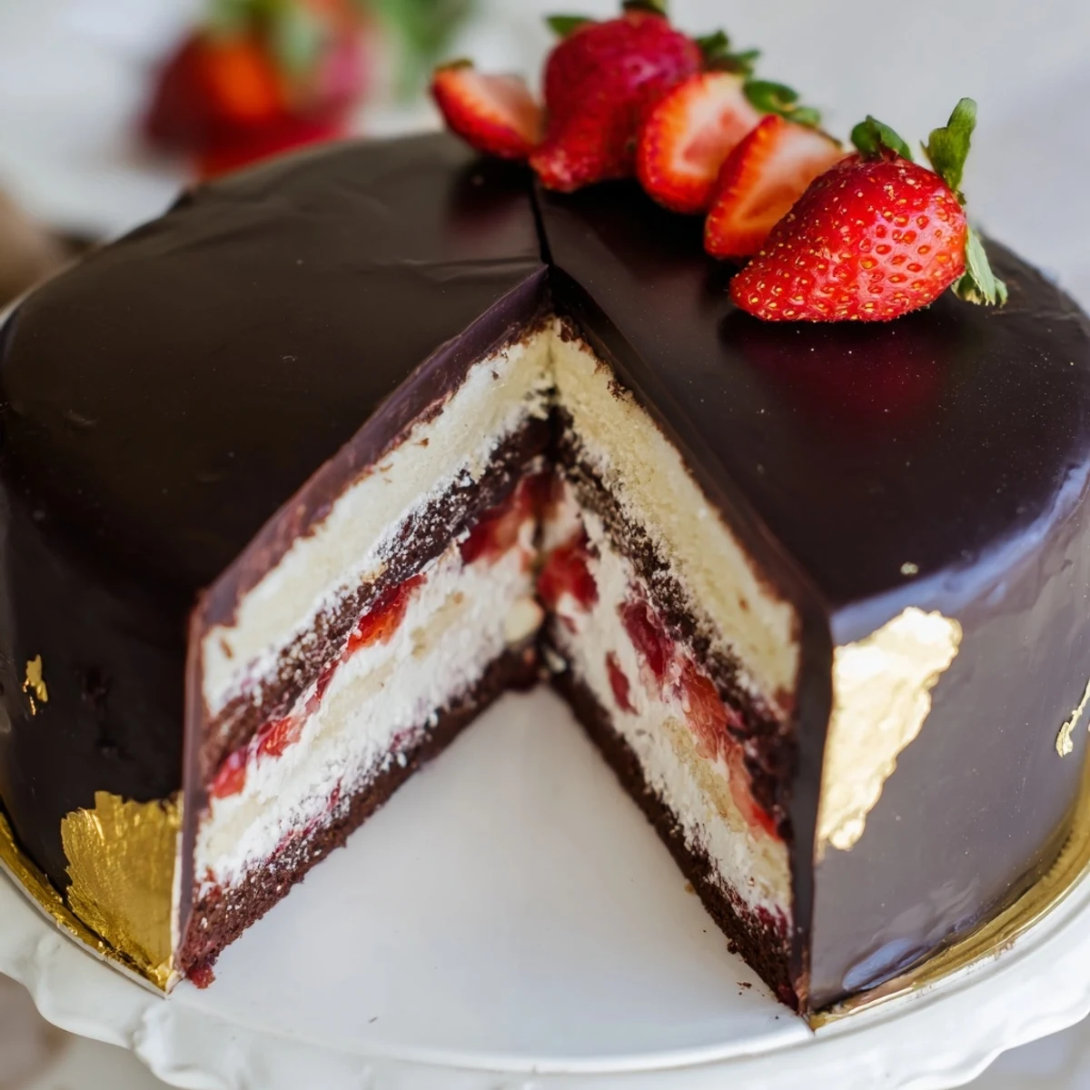 Indulgent strawberry chocolate shell cake with glossy dark chocolate coating draping over white whipped cream layers