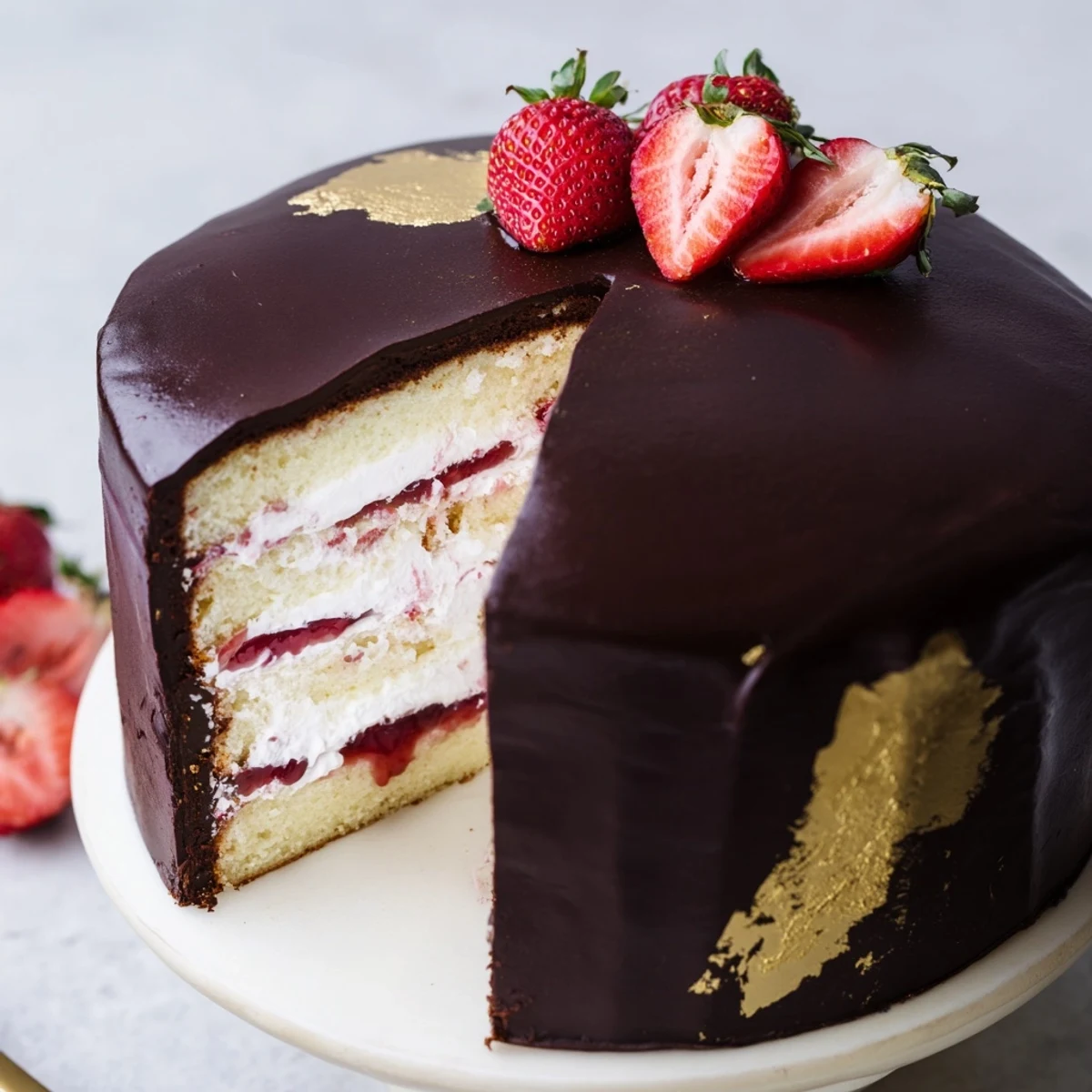 Two-layer strawberry chocolate shell cake topped with fresh halved strawberries and a cracked mirror-like chocolate glaze