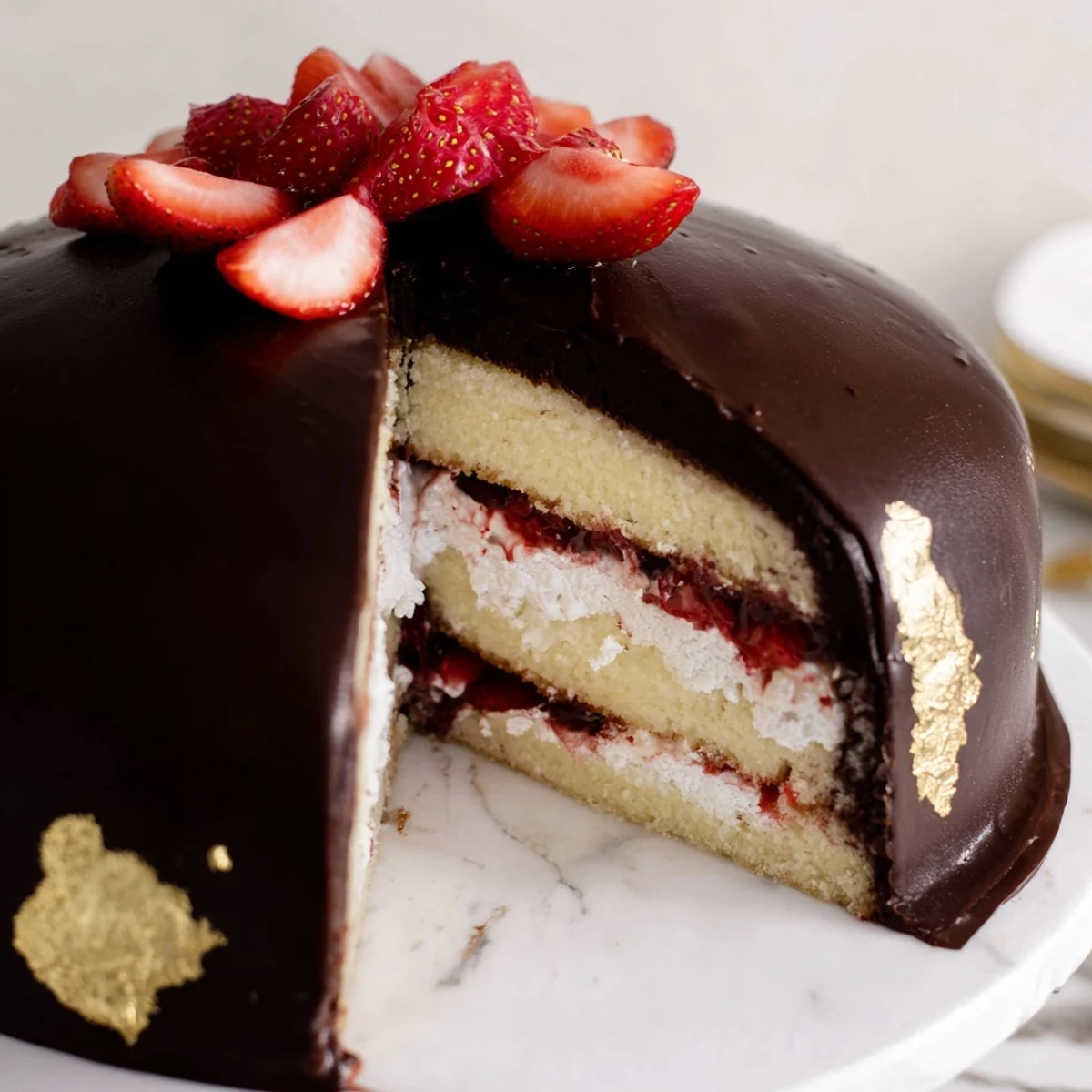 Slice of strawberry chocolate shell cake revealing vanilla sponge, bright red strawberry filling, and chocolate drip