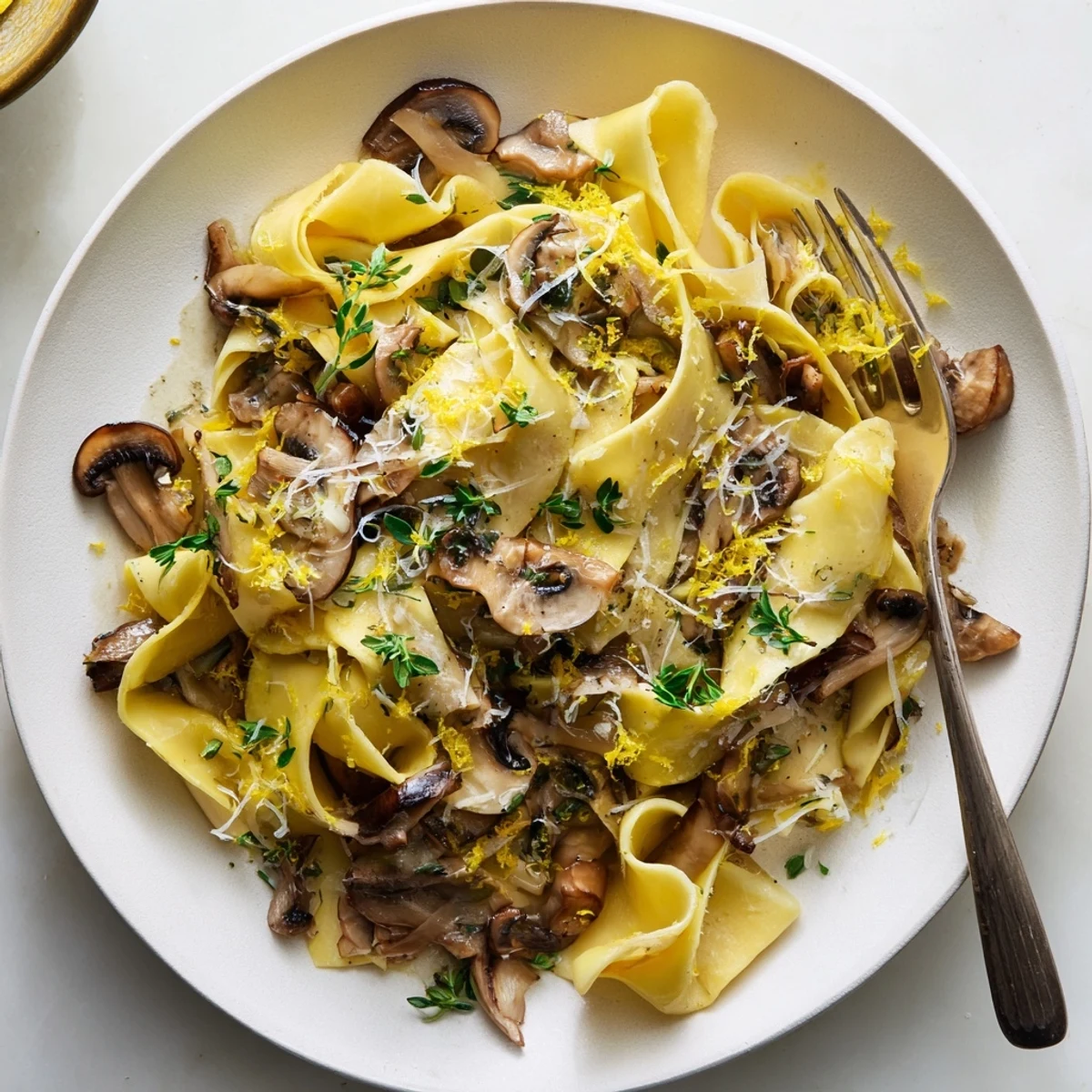 Golden garlic butter mushrooms coat wide ribbons of pappardelle pasta in a rich, creamy sauce with fresh herbs and grated Parmesan cheese