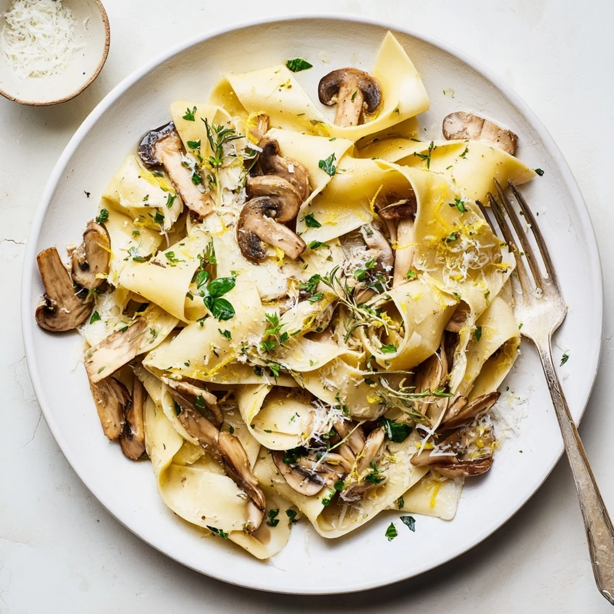 Wide egg pappardelle noodles tossed with savory sautéed mushrooms in a luscious garlic butter sauce finished with lemon zest and parsley
