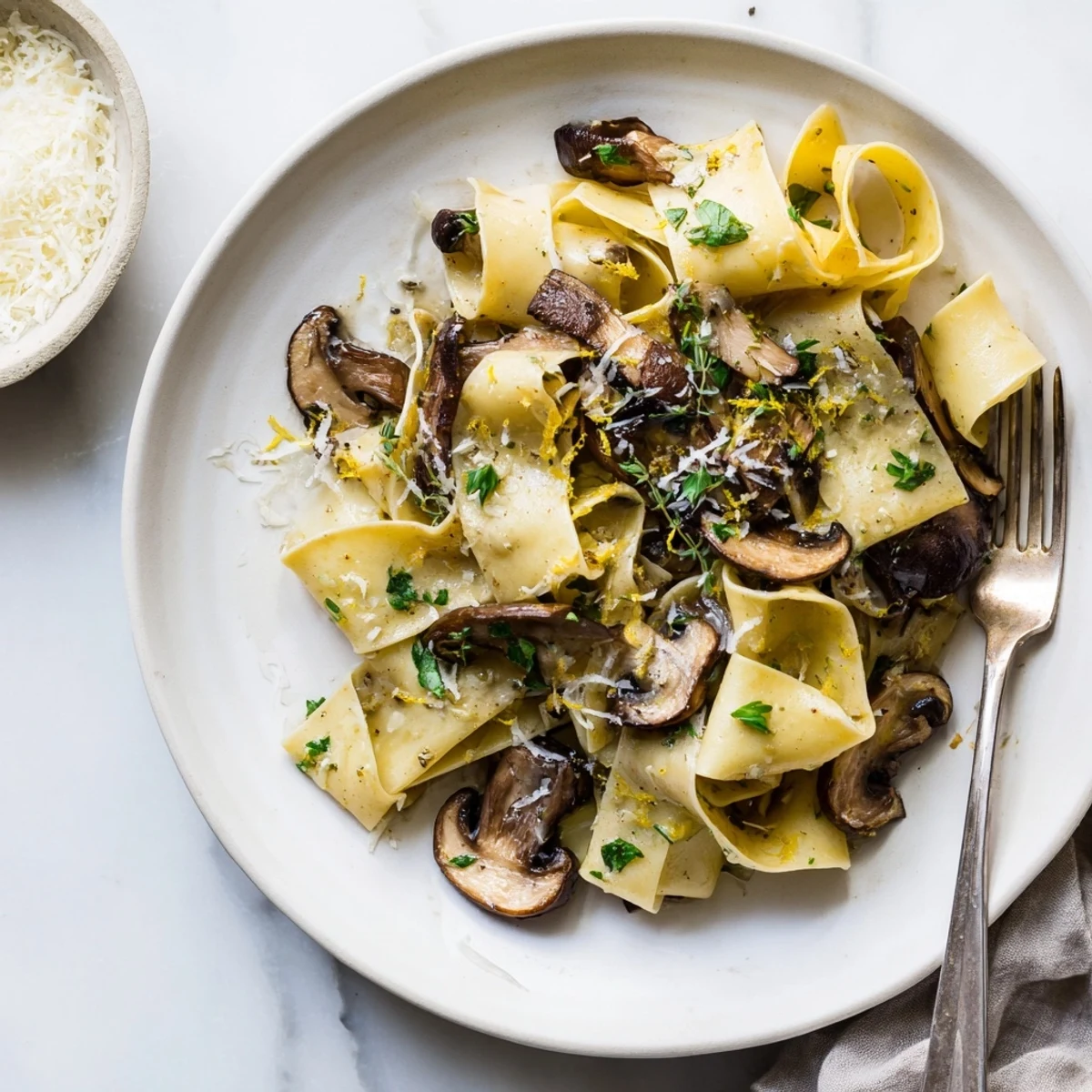 Steamy bowl of garlic butter mushroom pappardelle pasta garnished with Parmesan and fresh herbs, ready for a comforting Italian dinner