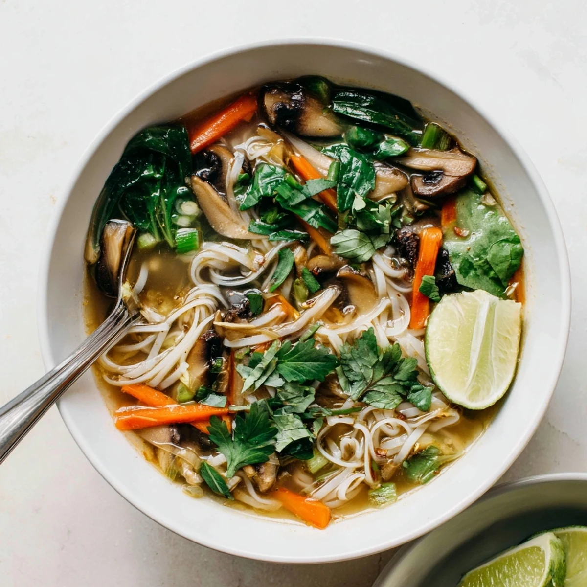 Steaming bowl of healing ginger garlic broth with rice noodles, garnished with fresh cilantro and basil