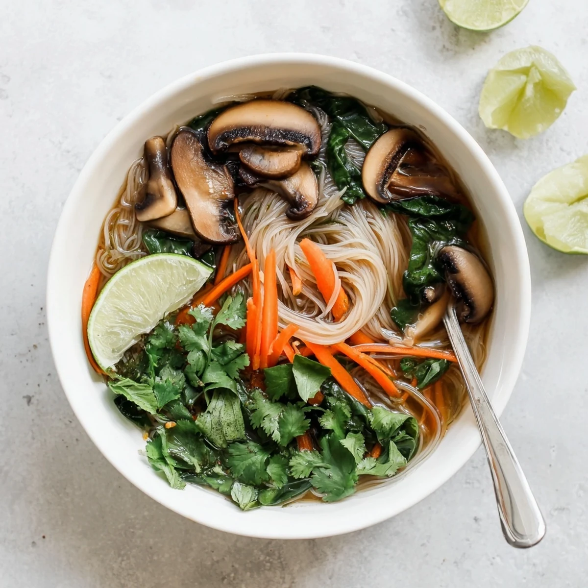 Aromatic Asian-inspired soup featuring tender rice noodles in fragrant ginger garlic broth with spinach and mushrooms