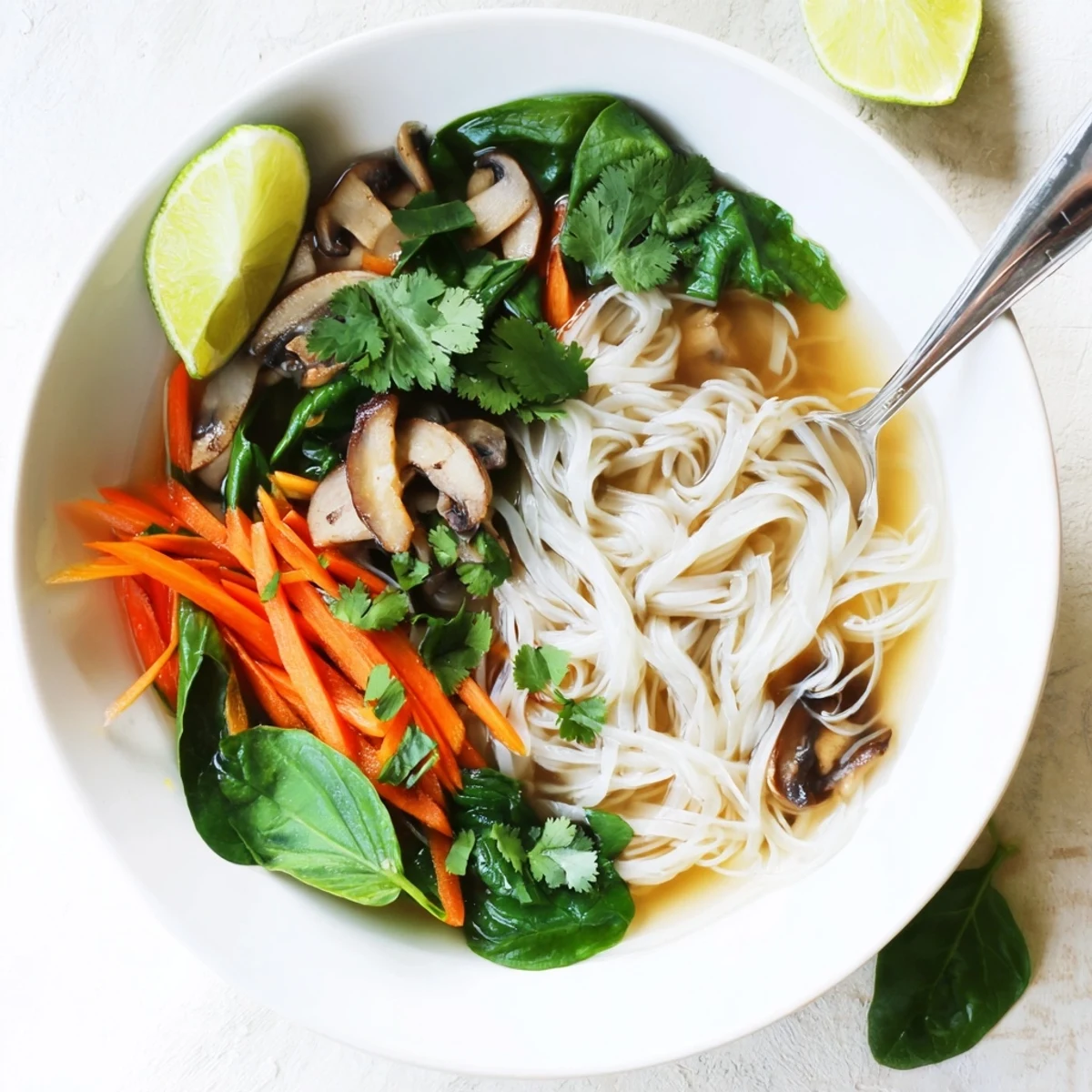 Comforting vegan ginger garlic broth with rice noodles, topped with lime wedges, herbs, and sliced vegetables