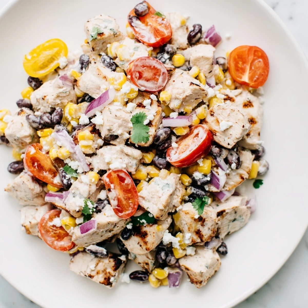Colorful high protein chicken street corn salad with grilled chicken, charred corn, and creamy dressing in a white bowl