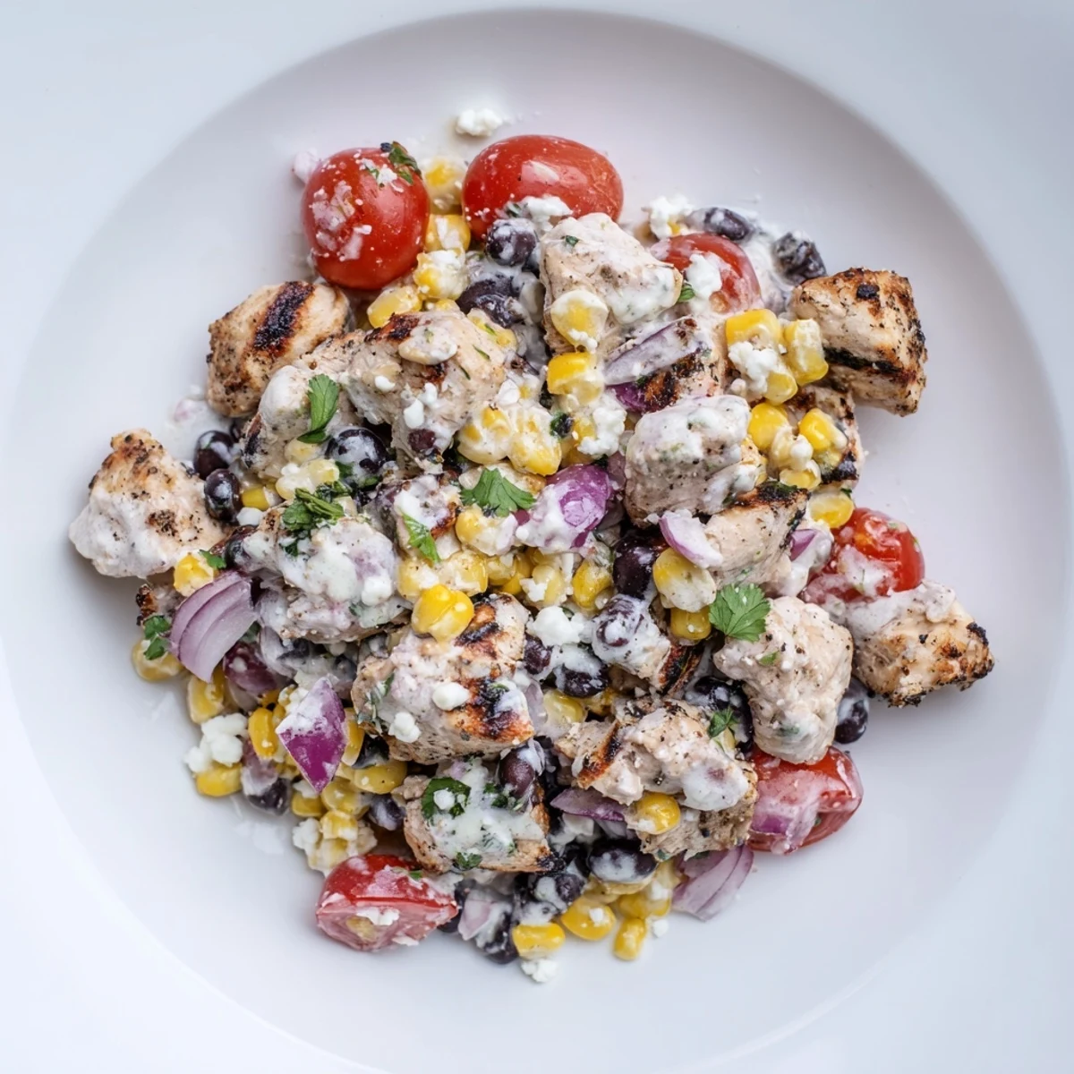 Close up of high protein chicken street corn salad topped with cotija cheese and lime wedges on a rustic wooden table