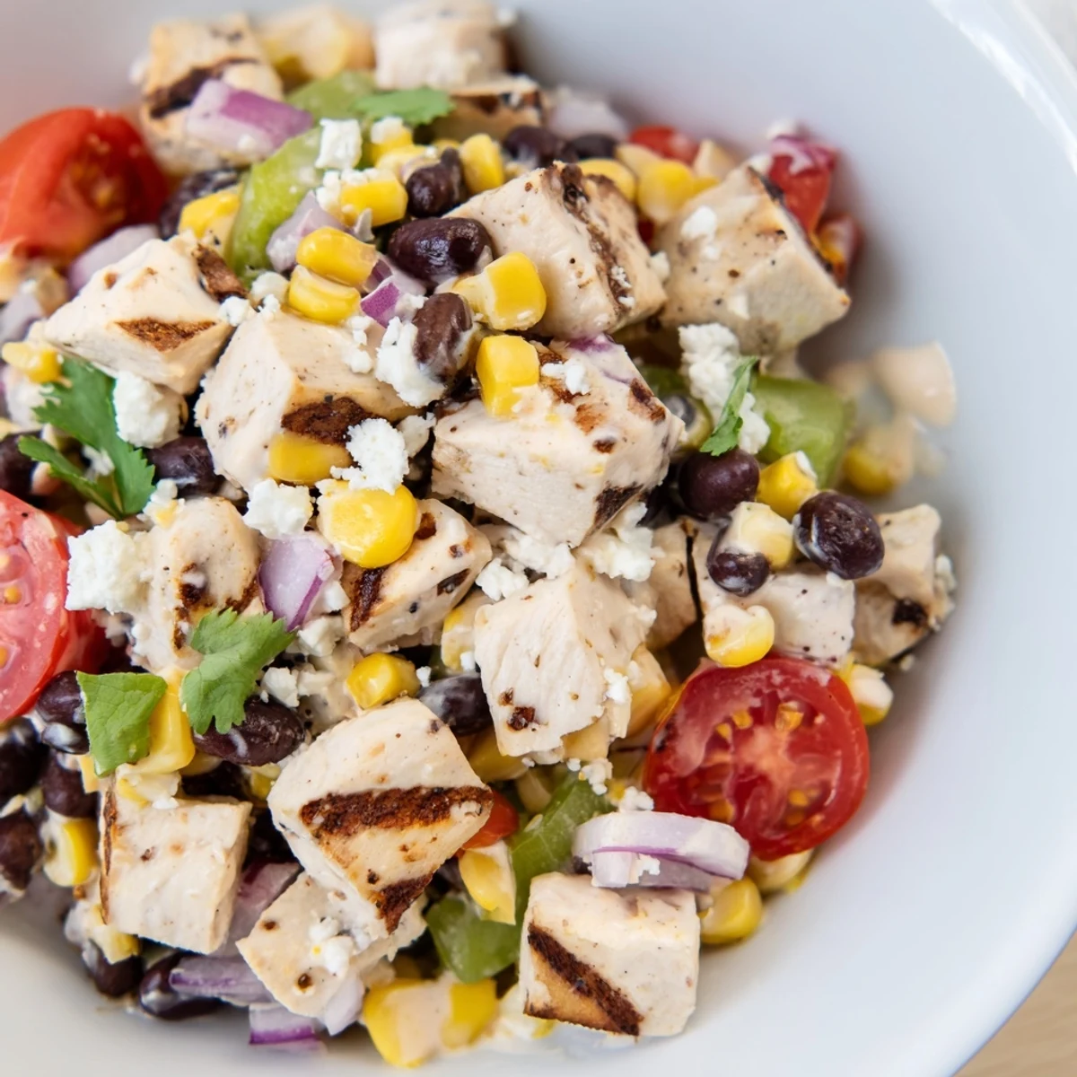 Fresh chicken street corn salad featuring tender grilled chicken, sweet corn, black beans, and tangy Greek yogurt dressing
