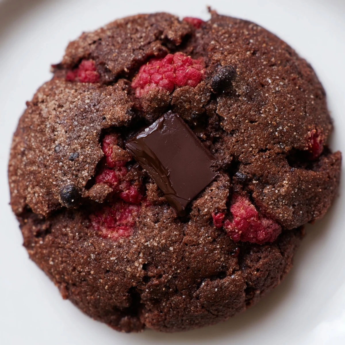 Chewy dark chocolate raspberry cookies fresh from the oven with melted chocolate chunks and tart berries