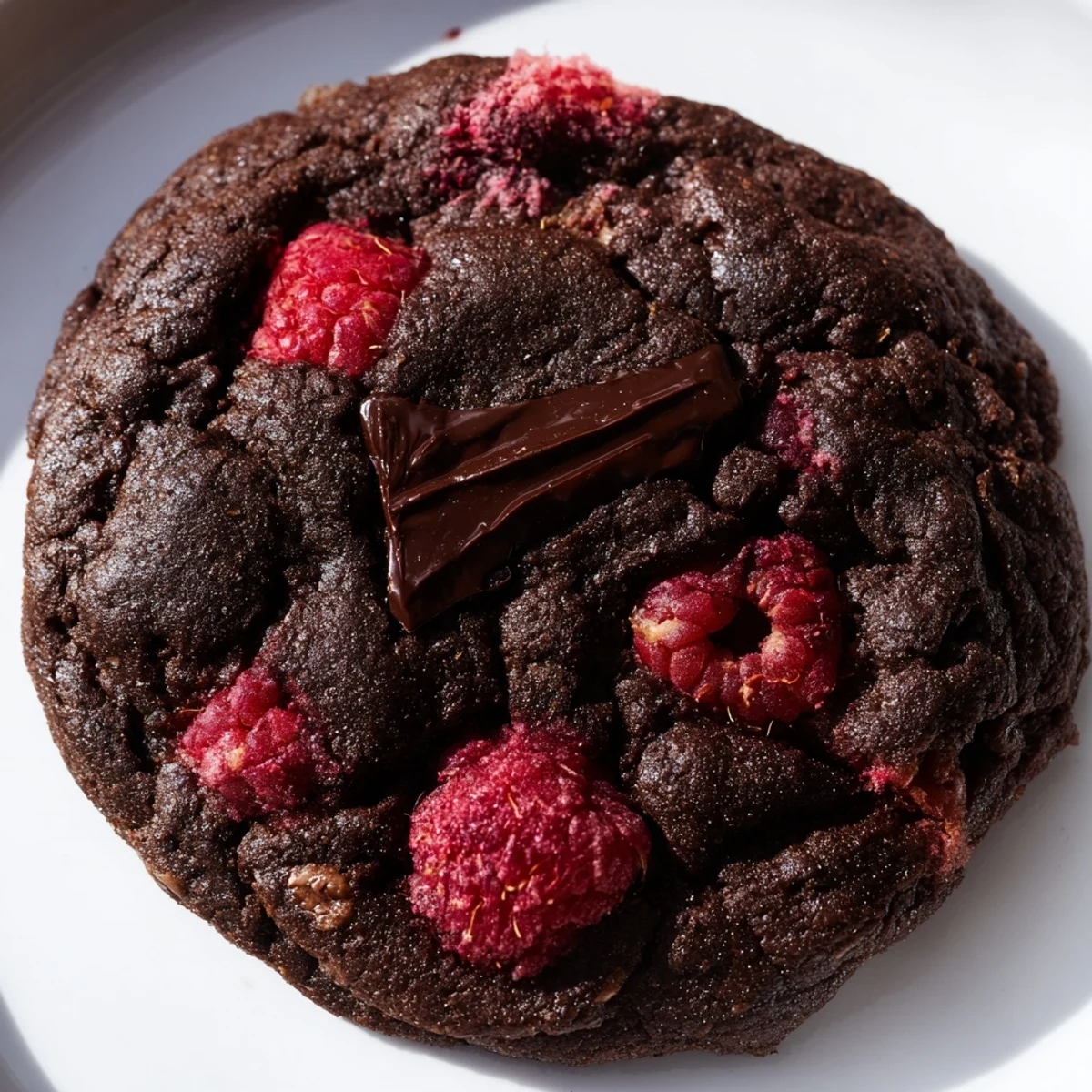 Homemade dark chocolate raspberry cookies stacked on a wire rack with gooey chocolate pockets visible