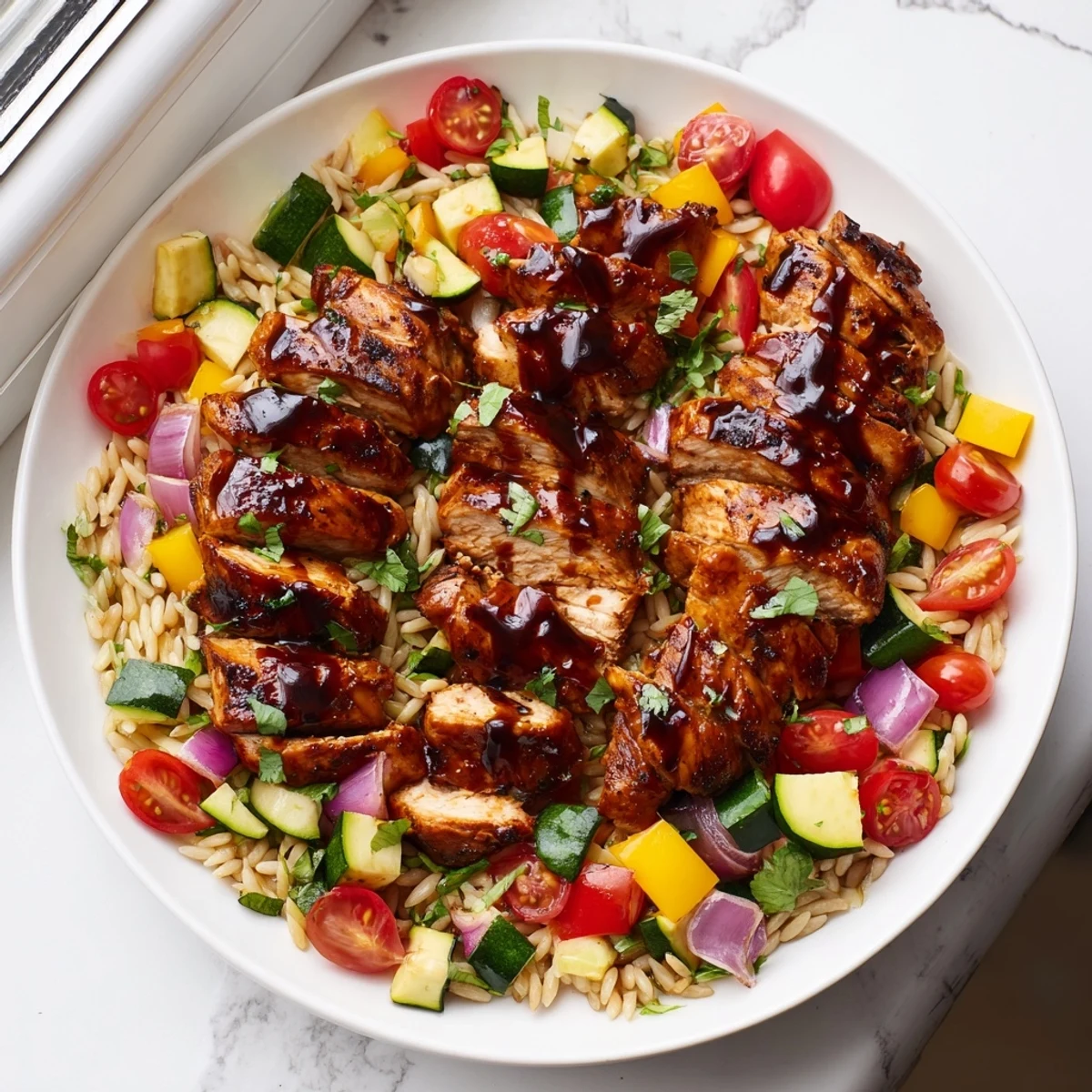 Golden brown balsamic chicken breast arranged over colorful roasted vegetables and fluffy orzo pasta