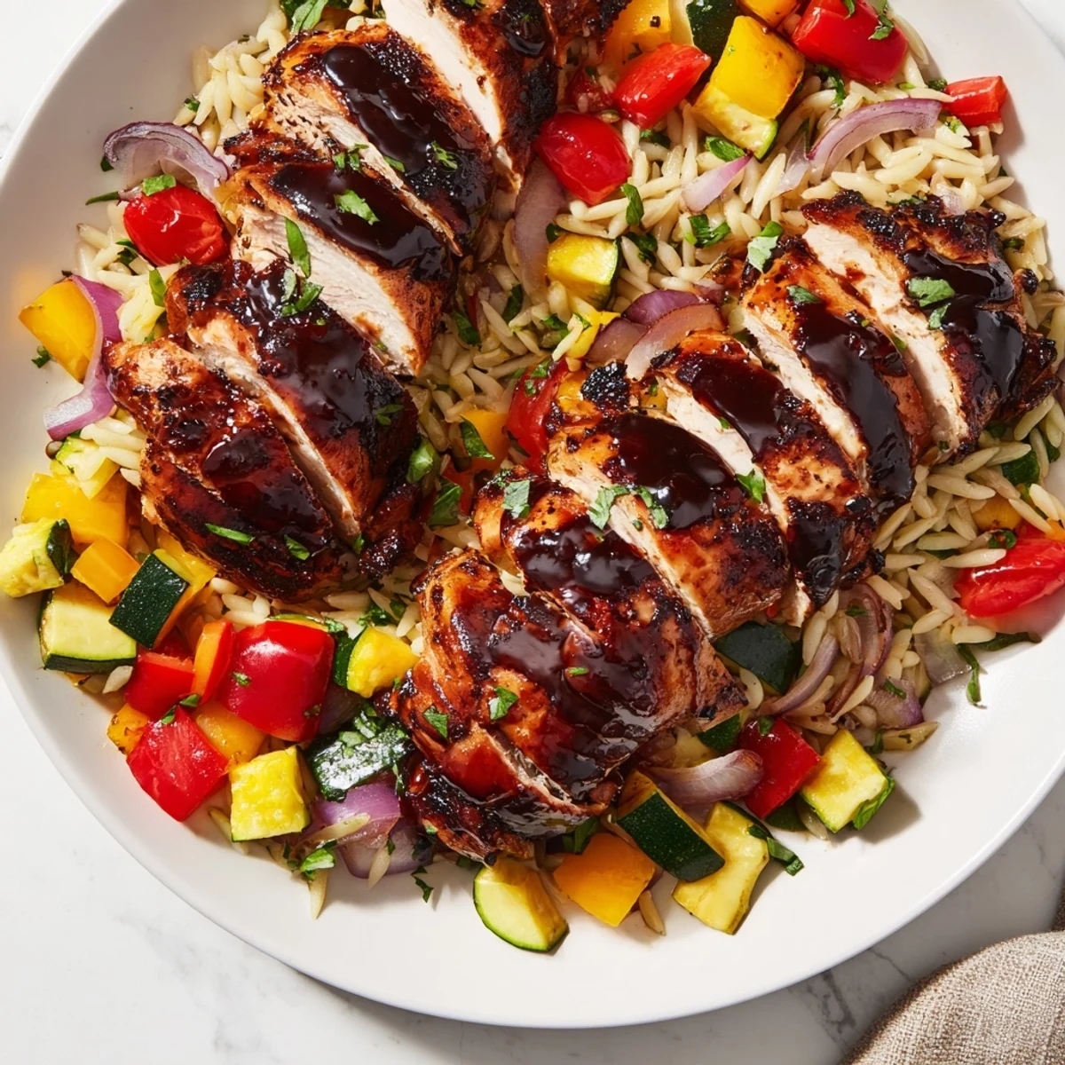 Mediterranean-style balsamic chicken veggie orzo plated with zucchini peppers cherry tomatoes and fresh green herbs