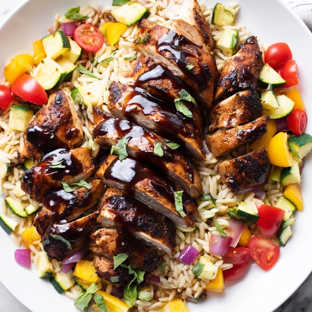 Savory glazed chicken slices served atop tender orzo mixed with roasted bell peppers and zucchini