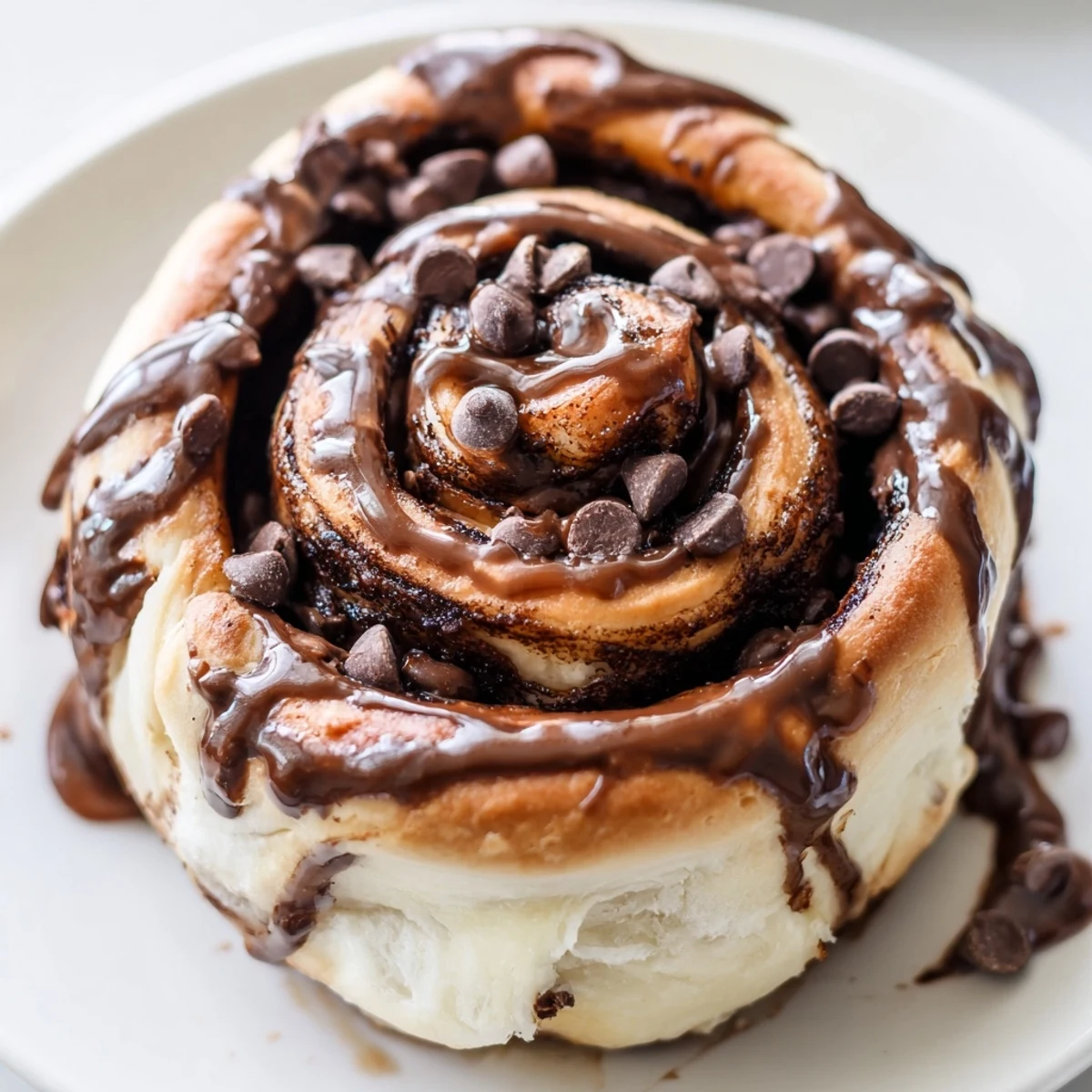 Pan of golden double chocolate cinnamon rolls topped with decadent chocolate icing, ready for a cozy breakfast treat.