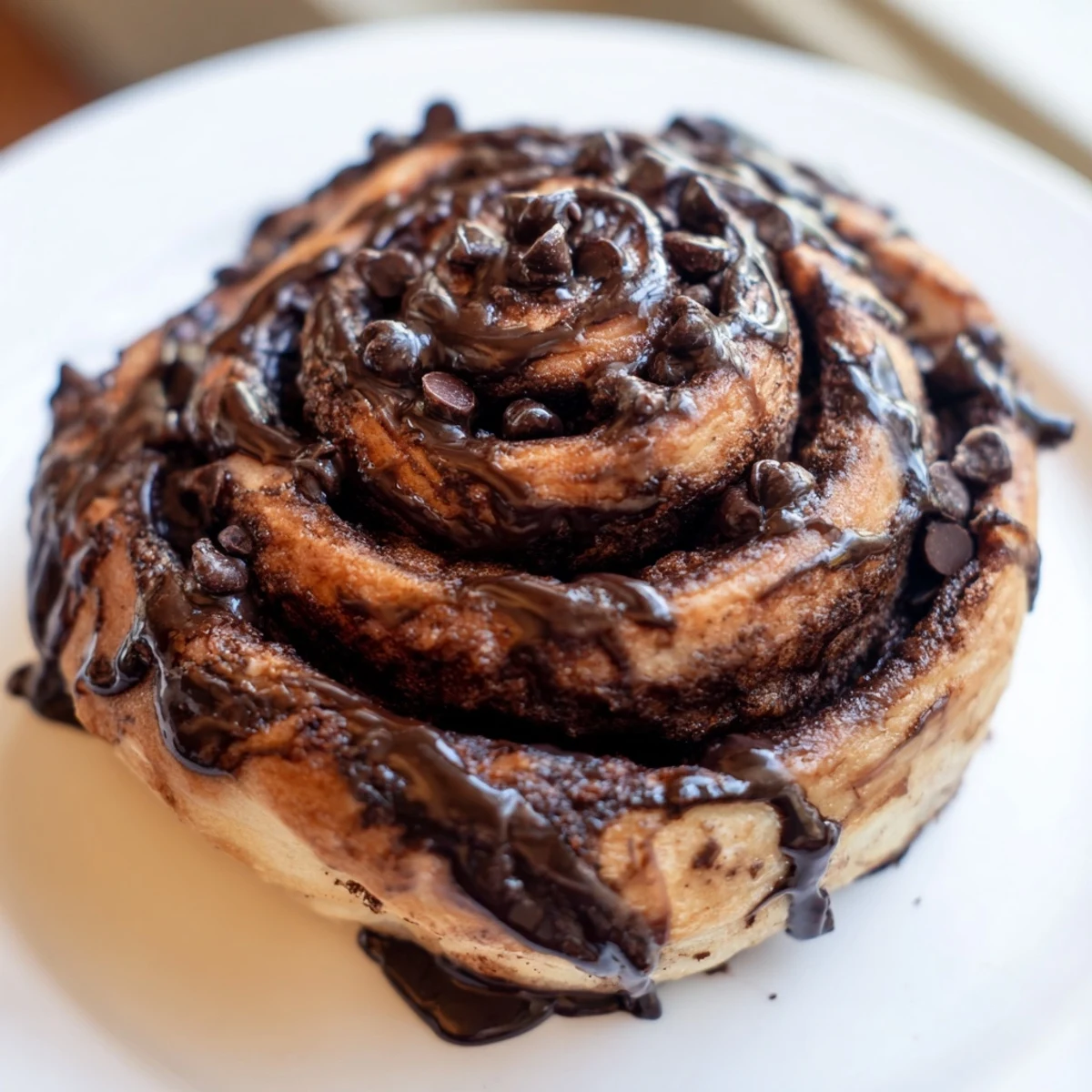 Freshly baked double chocolate cinnamon rolls with rich cocoa swirls and glossy chocolate glaze drizzled over fluffy dough.