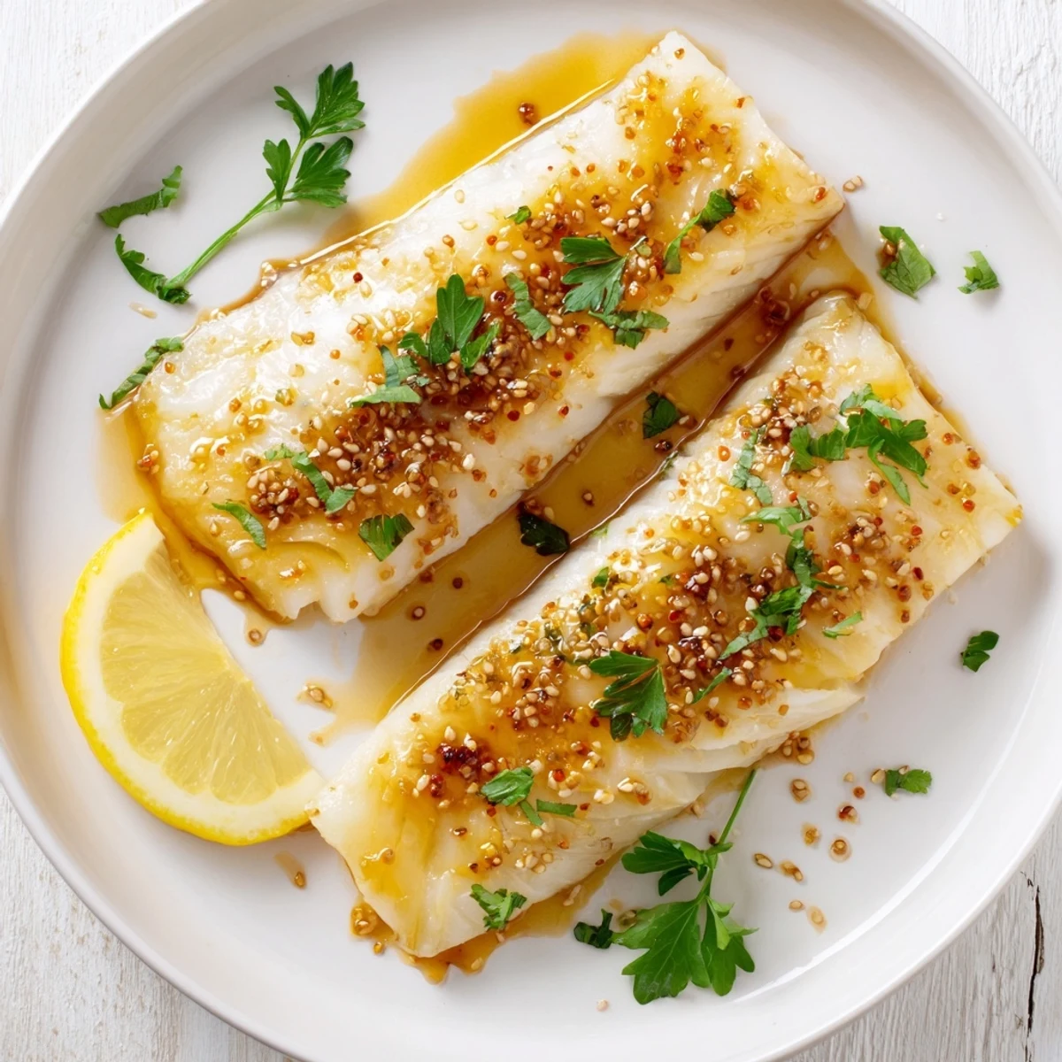 Tender flaky cod pieces coated in sweet savory honey soy sauce on white plate