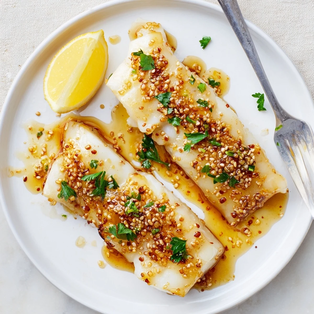 Golden baked cod fillets glazed with honey soy marinade garnished with fresh parsley