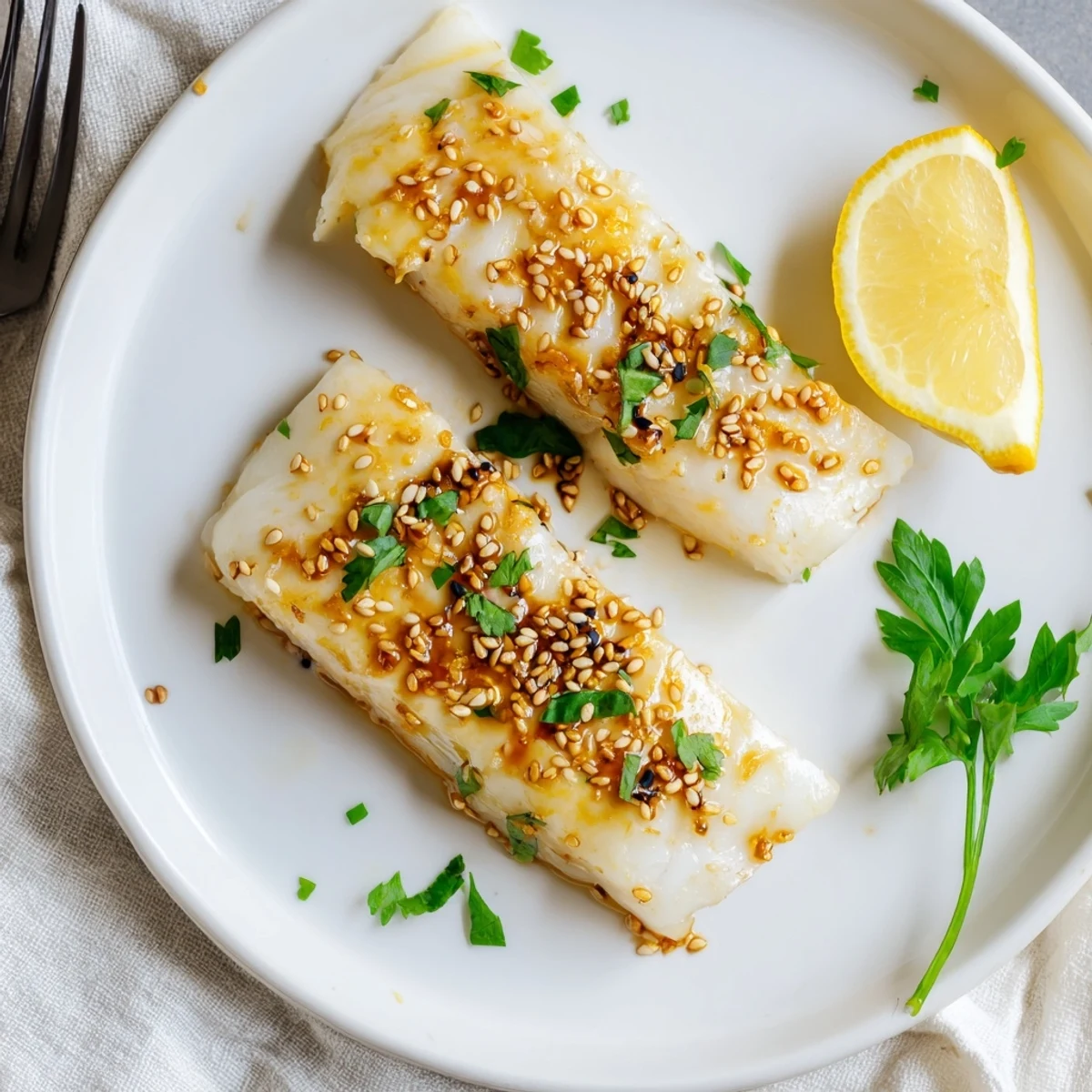 Moist baked fish with honey soy glaze sprinkled with sesame seeds and lemon wedge