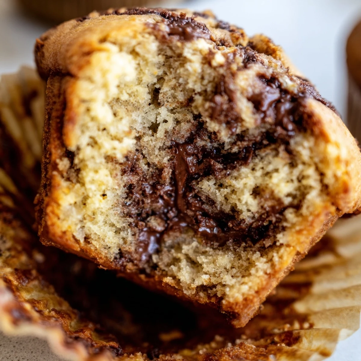 Golden Nutella banana muffins with chocolate swirls cooling on a wire rack