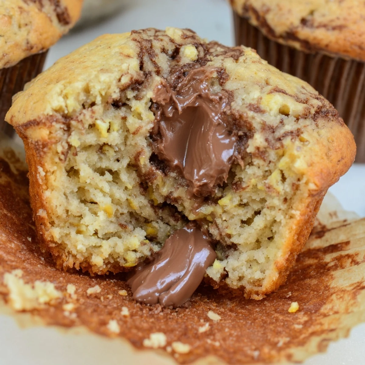 Moist banana muffins topped with melted hazelnut chocolate spread in a lined tin