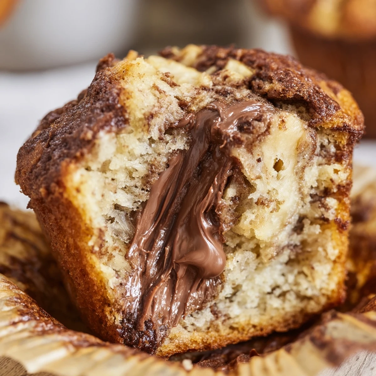 Fluffy homemade Nutella banana muffins with gooey chocolate ribbons served warm for breakfast