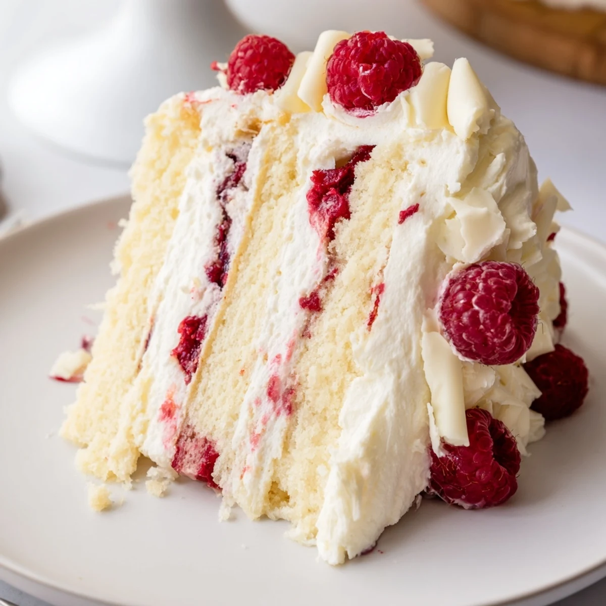 White chocolate raspberry cream cake with whipped cream frosting and fresh raspberries on top