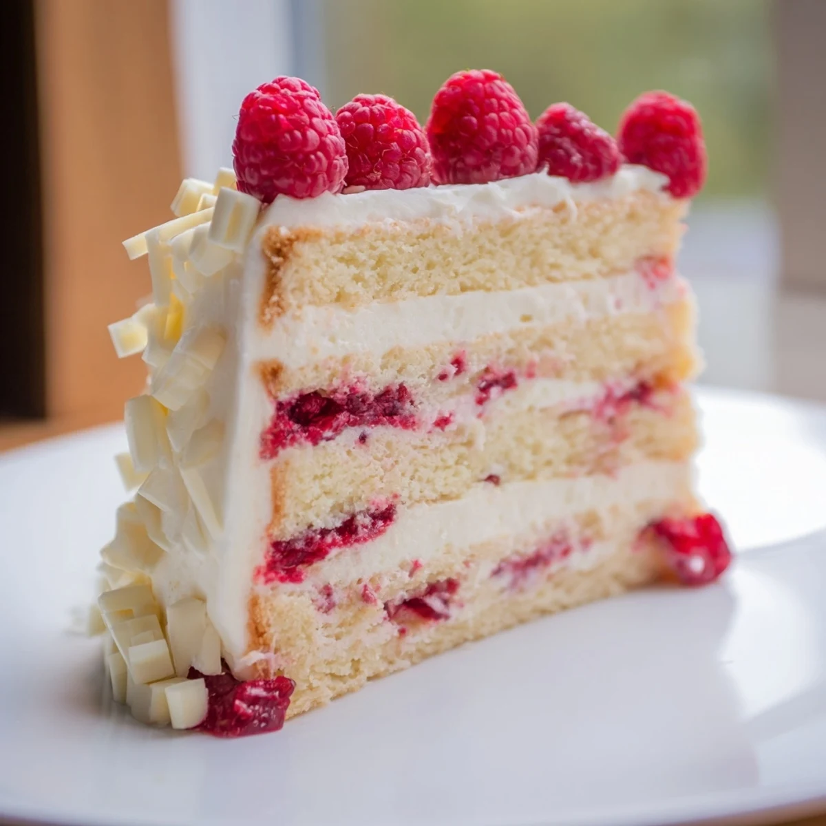 Layered white chocolate raspberry cream cake topped with fresh berries and white chocolate curls
